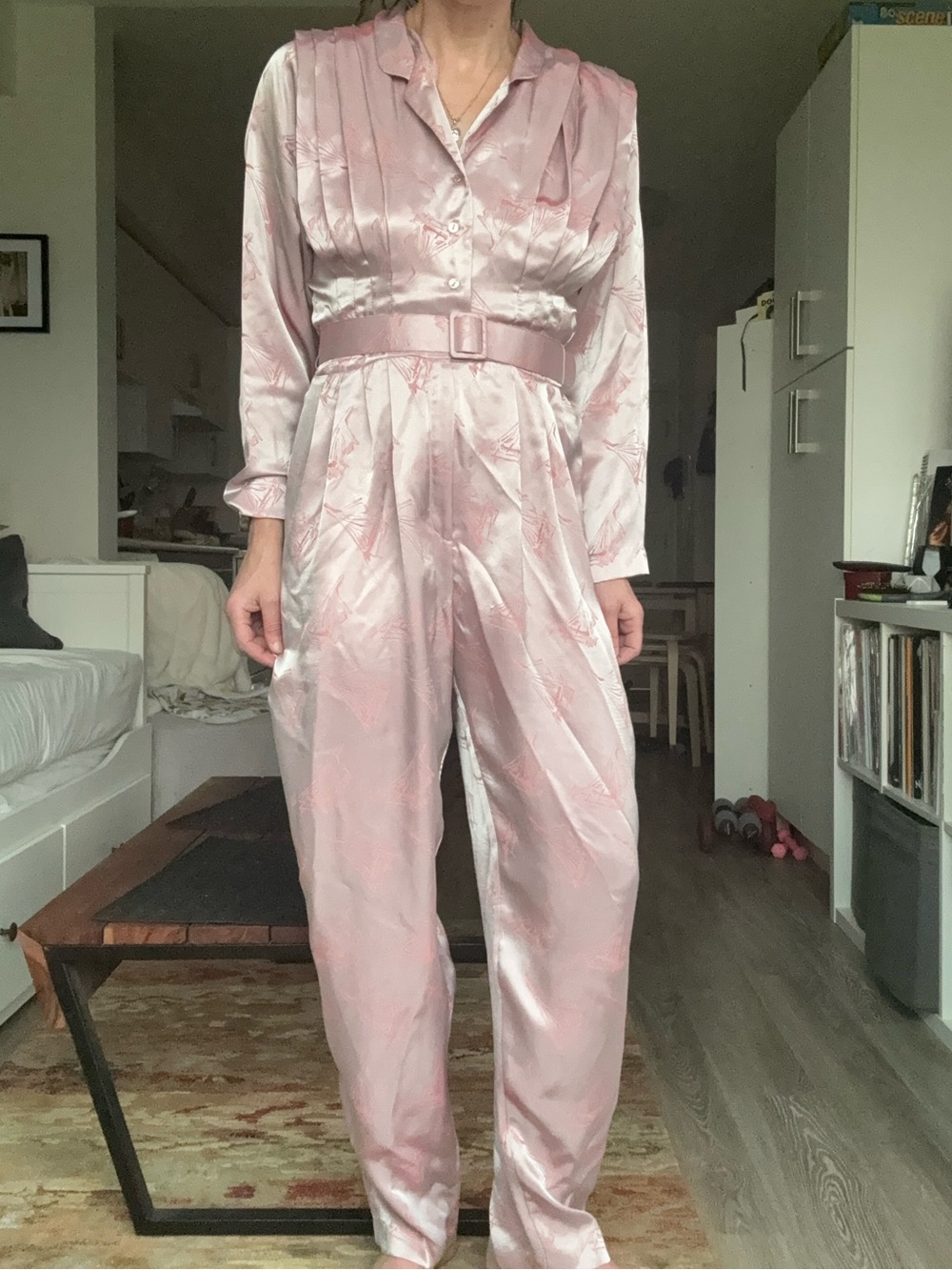 Vintage 80s Orite Pink Satin Pleated Jumpsuit with Matching Belt Size 11/12